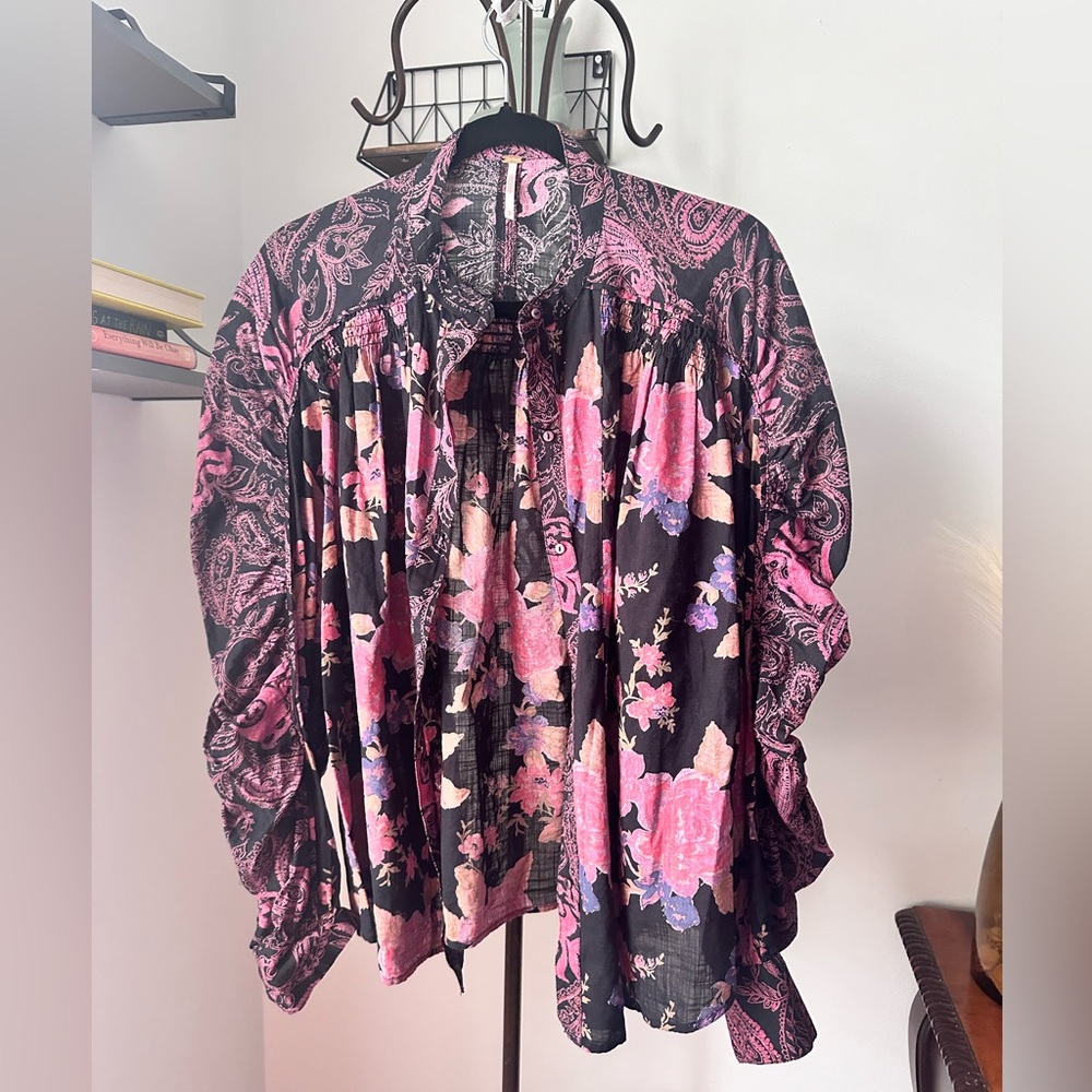 #12 FREE PEOPLE MARAYA PRINTED TOP BLACK COMBO SIZE MEDIUM - Picture 4 of 8